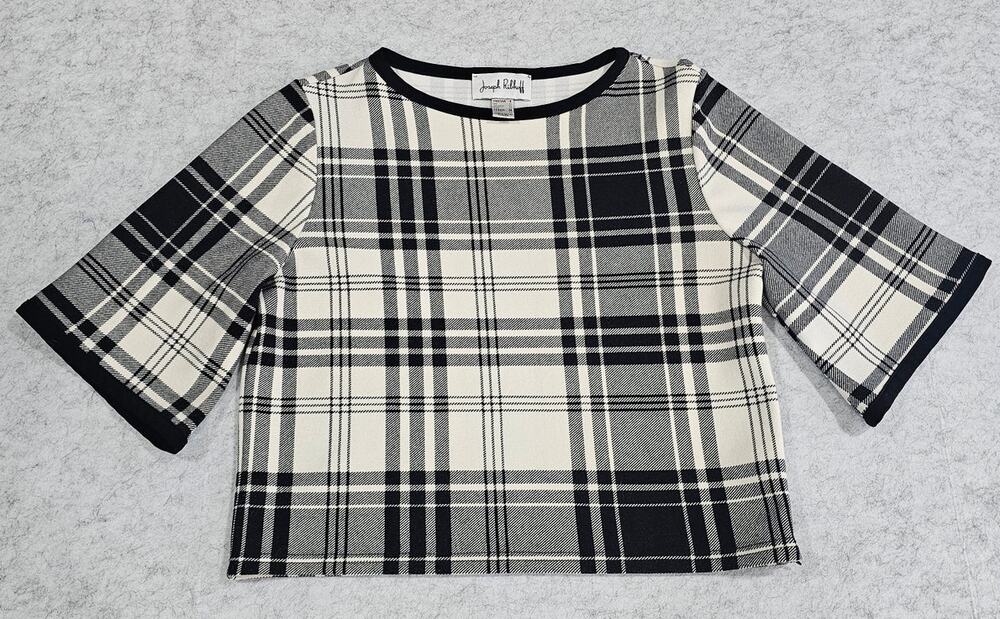 Joseph Ribkoff Top, Black White Plaid Checkered, Wide Arm, Preppy, Classy, Sz 8